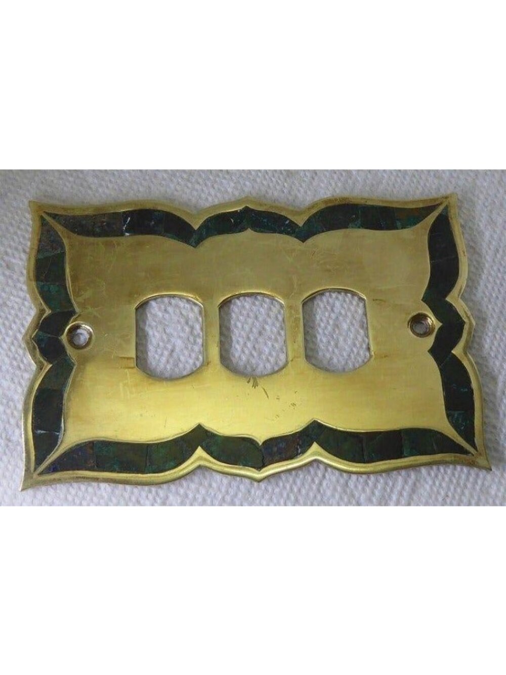 Rare Los Castillo Taxco Brass Malachite Inlay Triple Wall Plate Mosaico Azteca